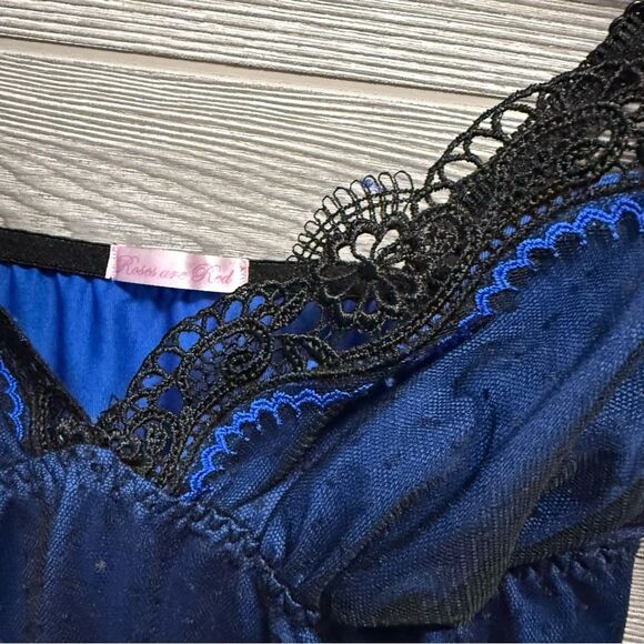 Y2K Blue Babydoll Top Lace Trim Cami Womens S Navy Lingerie Mesh Dark Coquette - Picture 9 of 9